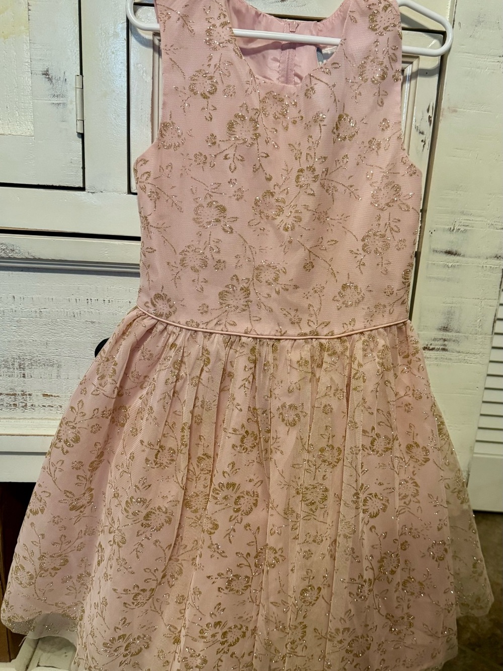 Girls' Pink Glitter Floral Festive Dress with Gold Accents